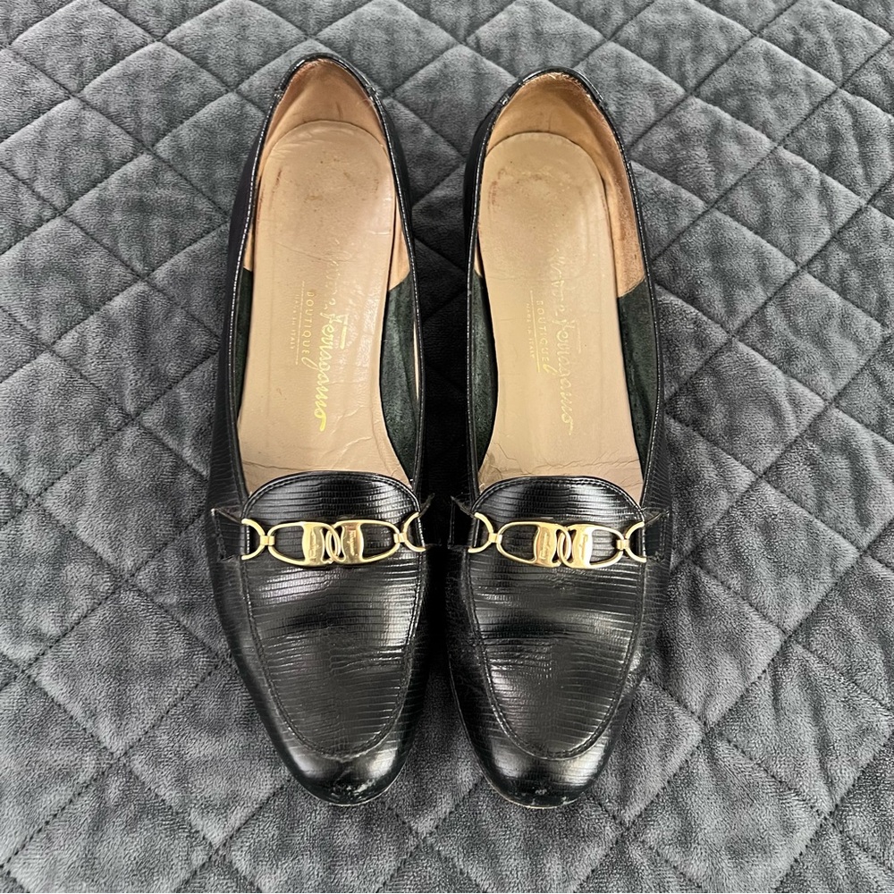 Salvatore Ferragamo Black Loafers with Gold Accents
